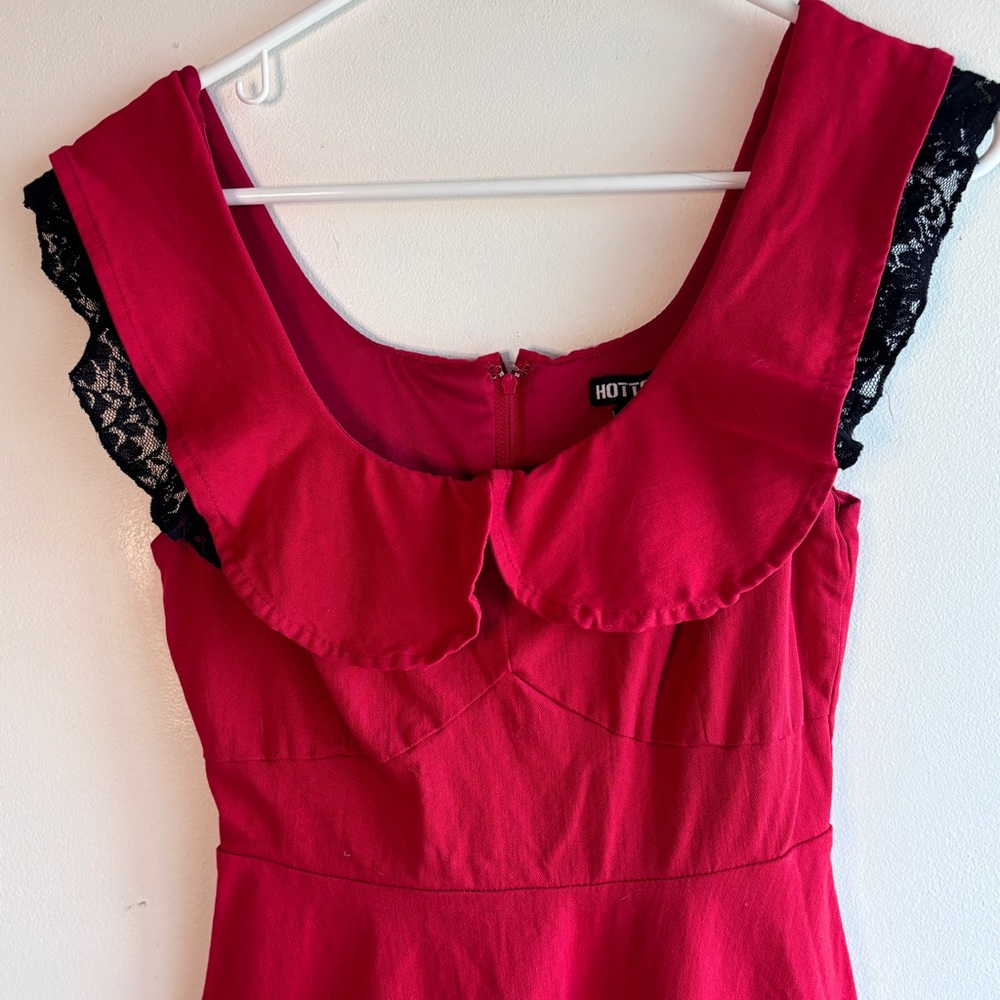 Hot Topic Red Fit & Flare Skater Dress Black Lace Trim Goth Grunge Coquette M - Picture 7 of 10